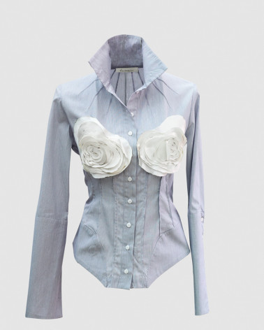 Chemise bleue blanc art de la chemise style corset fait à la main