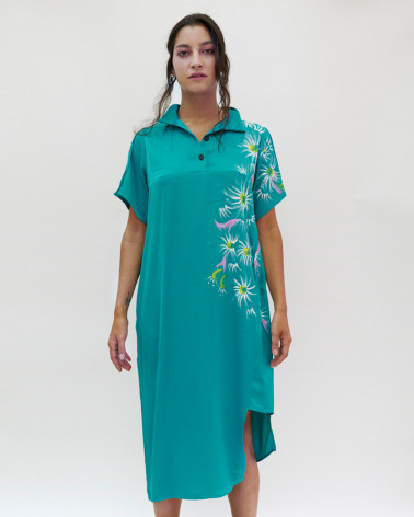 Robe chemise créateur longue en satin vert pour femme- KEN OKADA