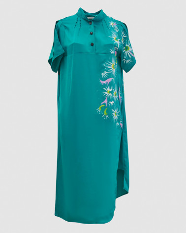 Robe chemise créateur longue en satin vert pour femme